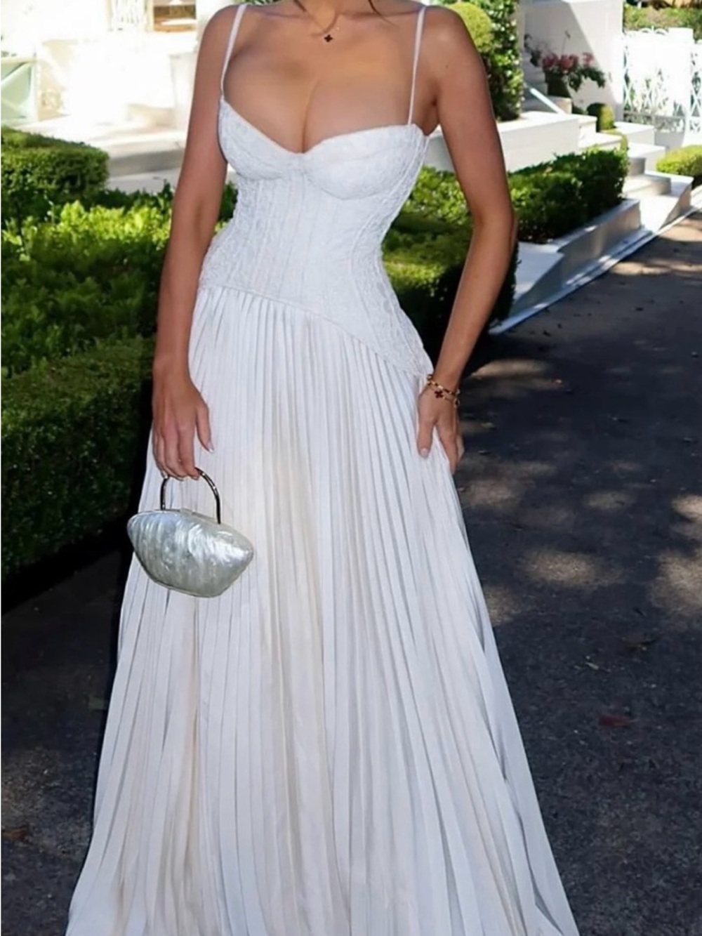 Fashion Nova White Pleated Corset-Style Maxi Dress